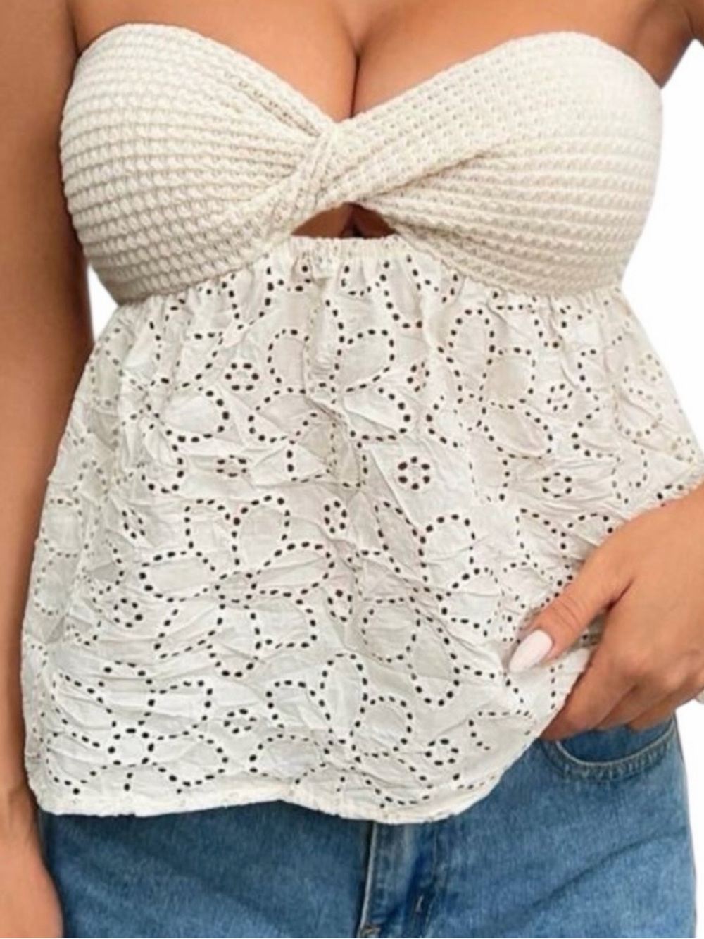 SHEIN Strapless Eyelet Lace Tank Top Off White XS